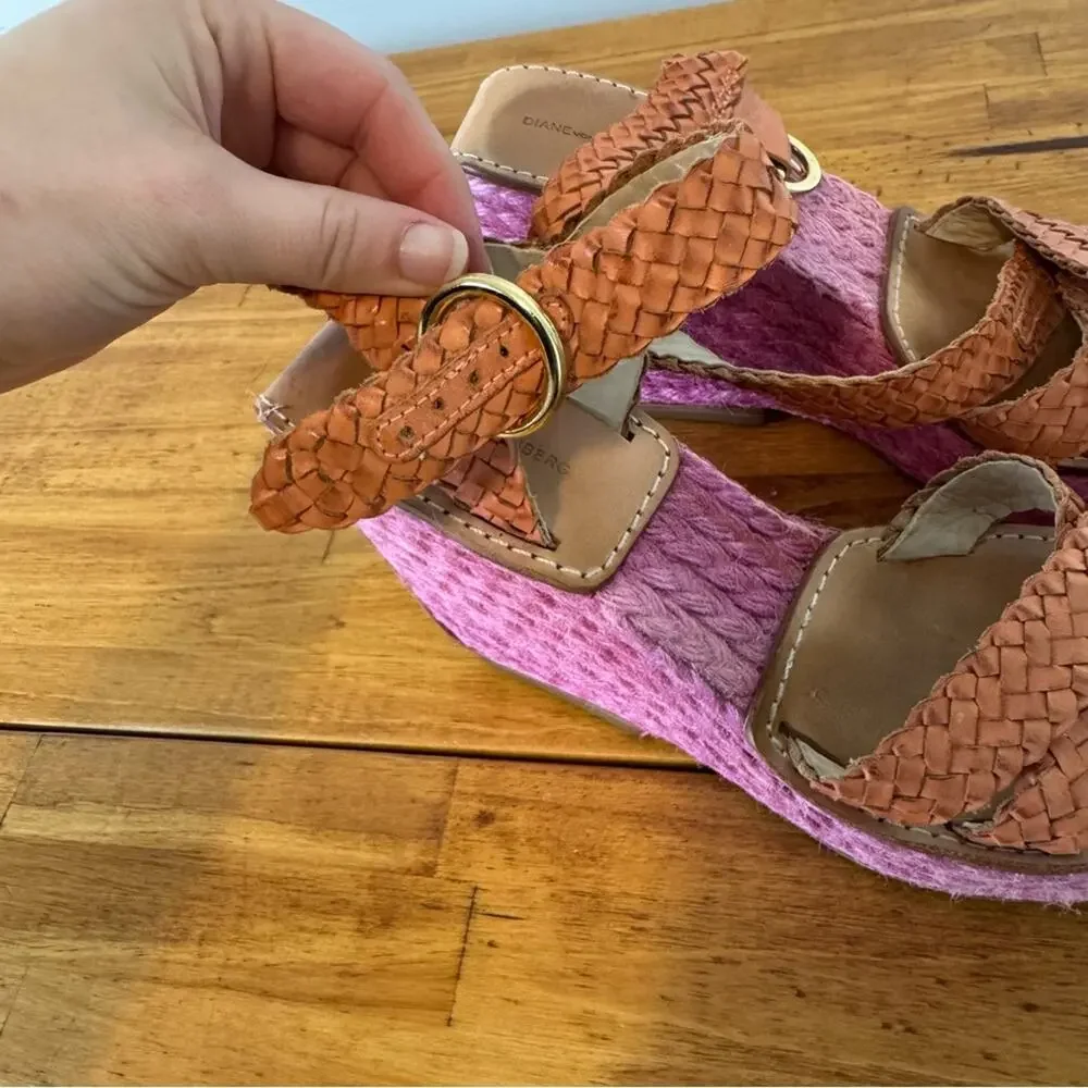 Diane Von Furstenberg DVF Braided Wedge Heel Sandals Pink Orange Size 7.5
